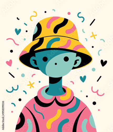 Cool modern character illustration, trendy street style avatar, boy with yellow bucket hat, creative urban youth design, colorful pop art portrait, quirky person doodle art, vibrant fashion aesthetic 