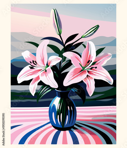 Pink lily flowers in glass vase, elegant floral bouquet painting, blooming lilies interior decor, botanical still life art, spring garden blossoms illustration, colorful petal flower arrangement, aest