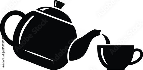 Black and white illustration of a teapot pouring tea into a cup, a simple and classic image representing a beverage and its preparation