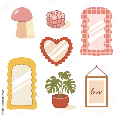 Aesthetic interior decor set with wavy mirror and mushroom lamp