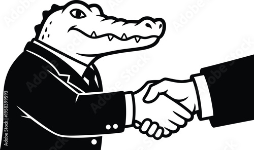 Alligator businessman in suit shaking hands with human partner making a deal. Vector illustration