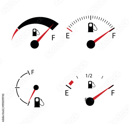 Vehicle fuel. Simple digital indicator of vehicle fuel. Full and empty icons of gas and fuel meters, fuel pump. Vector illustration