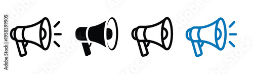 Megaphone icon collection, multiple style set with announcement, promotion, marketing, speaker, broadcast, and communication symbols, simple modern vector