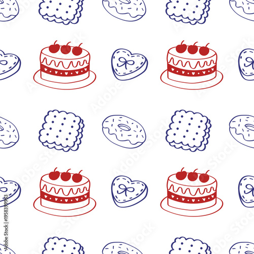 Sweet dessert seamless pattern with cake, donut and cookie