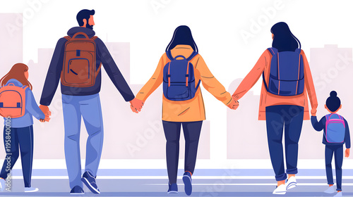Family group walking together holding hands with backpacks