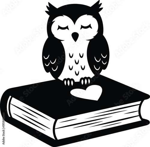 Cute sleeping owl on book with heart symbol. Vector illustration