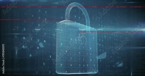 Animation of data processing, online security padlock