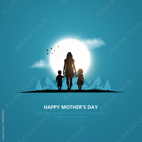 Happy mothers day creative social media post template design with silhouette illustration of mother children walking on bright nature background.