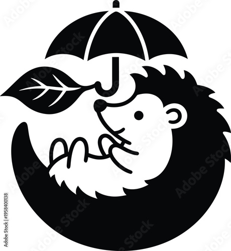 Cute hedgehog holding leaf under umbrella, curled up, autumn season. Vector illustration