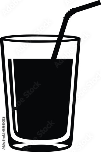 A Simple Black and White Illustration of a Tall Glass Filled With a Dark Beverage and a Straw