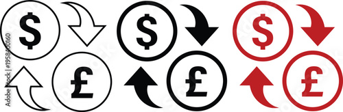 Set of 3 currency exchange icons vector featuring dollar and pound symbols with arrows in black and red