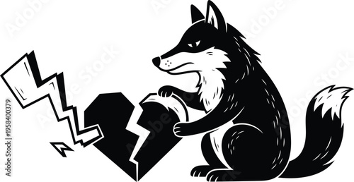 Fox holding broken heart with lightning bolt, symbolizing heartbreak and emotional pain. Vector illustration