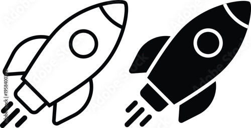 Minimalist rocket launch icon set vector, black and white outline and solid fill, startup business symbol