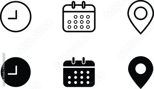 Set of 6 time, calendar, and location pin icons in outline and solid black vector styles
