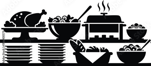 A buffet setup with a roasted chicken, multiple bowls of food, stacked plates, and a bread basket, symbolizing a feast or catering service