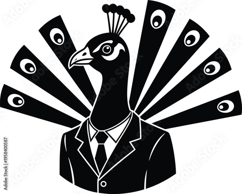 Peacock in business suit with fanned tail feathers. Vector illustration