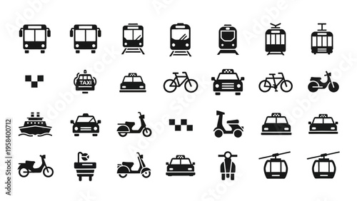 Collection of black and white transportation icons featuring various modes of transit including