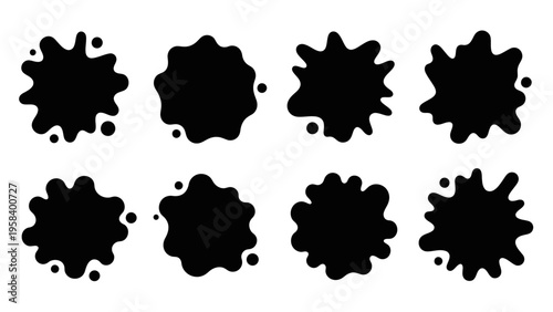 Collection of black ink splatters and paint blotches arranged in two rows on white background