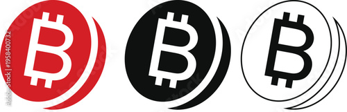 Set of 3 Bitcoin cryptocurrency coin icons vector in red, black, and outline styles for digital finance