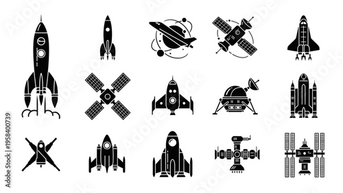 Collection of black and white spaceship and rocket icons illustrating space exploration and