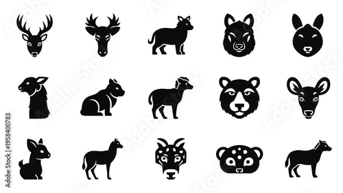 Collection of Black Silhouettes of Various Wild and Domestic Animals for Design and Illustration