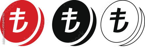 Set of 3 Turkish Lira currency icons vector in red, black, and outline styles for finance and commerce