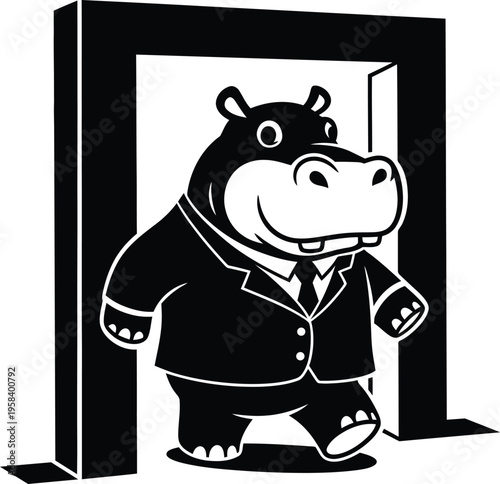 Hippo in business suit walking through doorway cartoon character. Vector illustration