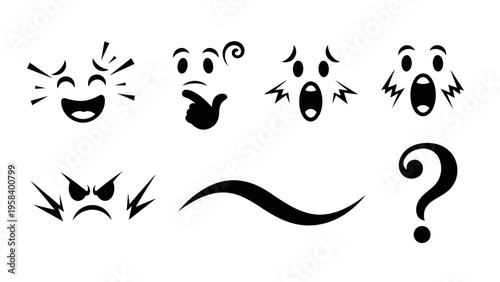 Collection of cartoon-style expressive emotional faces and a question mark for diverse reactions