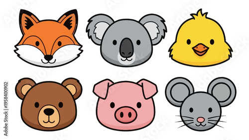 Collection of cute cartoon animals including fox koala chick bear pig and mouse in colorful