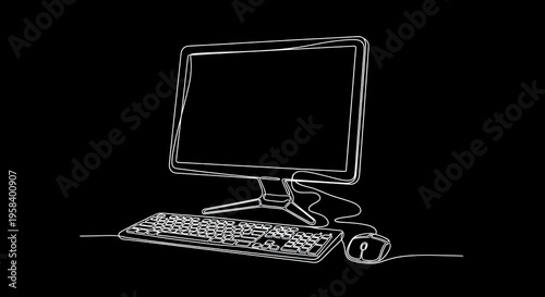 Minimalist Sketch of Computer Setup with Monitor, Keyboard, and Mouse