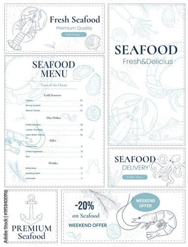 Seafood Banner Set, Menu Template ,Fresh Fish and Shellfish, Hand Drawn Vintage Line Art, Restaurant Promotion Template