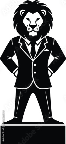 Lion in business suit standing on pedestal, strong leader concept. Vector illustration