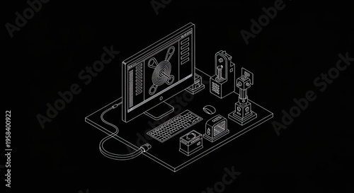 Isometric Black and White Workstation with Monitor and Accessories