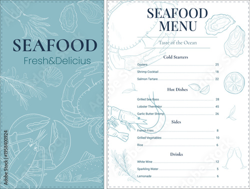 Seafood Menu Template with Hand Drawn Marine Food Illustration, Vintage Style Restaurant Menu