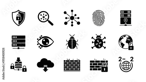 Collection of cybersecurity and digital security icons in black and white style