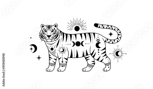 Black Boho Celestial Tiger Sticker Mystic Cosmic Tarot Vector
