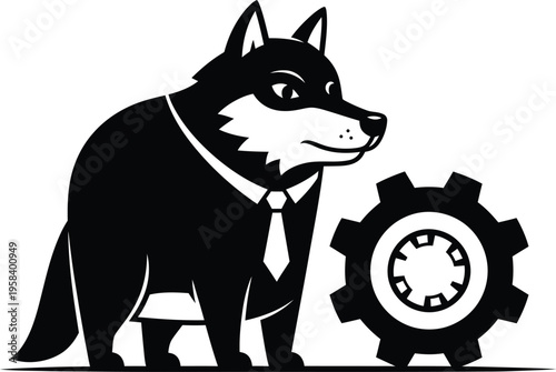 Professional wolf mascot in suit with tie and a gear. Vector illustration