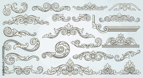 Ornate decorative elements and flourishes for graphic design and architectural embellishments, vintage style