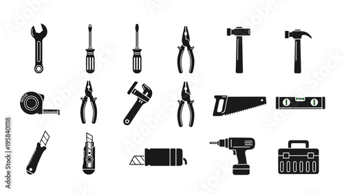Collection of essential black and white hand tools including screwdrivers wrenches and drills for
