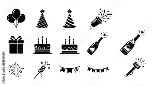 Collection of festive celebration icons including balloons gifts cakes and fireworks for special