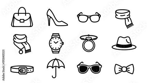 Collection of fashion and accessory icons including bags hats glasses and watches for stylish