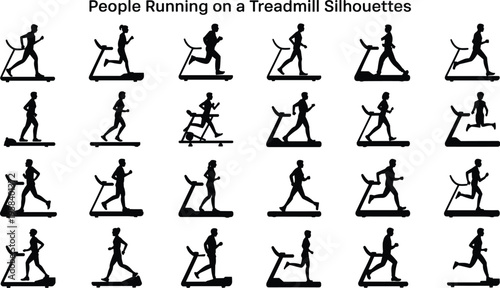 People running on treadmill silhouettes set fitness workout exercise cardio training gym isolated black figures active lifestyle concept illustration vector