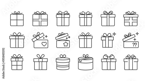 Collection of Gift Box Illustrations Featuring Various Designs and Styles for Celebrations
