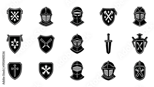 Collection of medieval knight helmet and shield icons representing armor and combat gear design