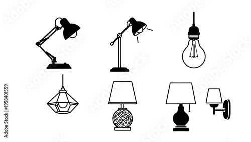 Collection of minimalist line art desk lamps and lighting fixtures in black and white