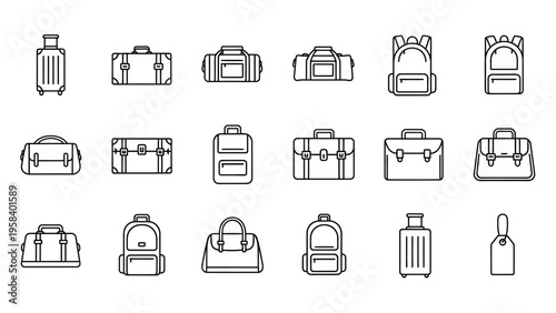Collection of minimalist line art illustrations of various travel luggage and backpacks for travel