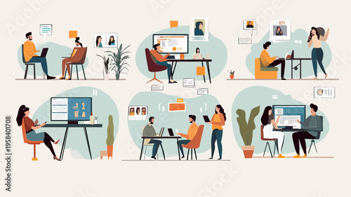 Remote team collaboration working from home office using laptops computers video calls and digital communication in flat minimalist style vector illustration