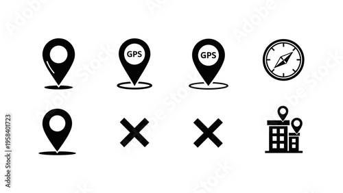 Collection of Navigation and GPS Icons Including Map Markers and Compass Symbols for User