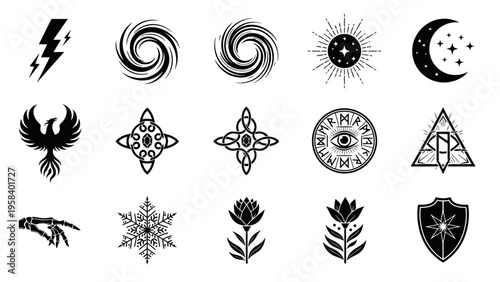 Collection of mystical and elemental symbols representing magic, nature, and spiritual themes in
