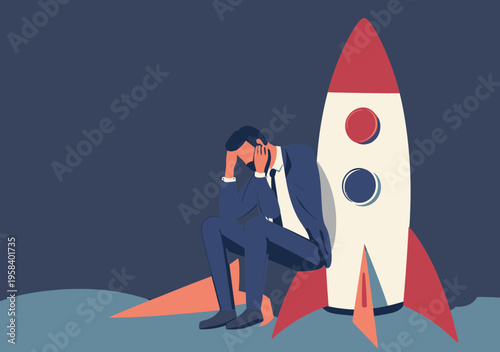 Depressed businessman sitting beside grounded rocket launch failure symbolizing startup collapse and entrepreneurial business risk in flat minimalist style vector illustration